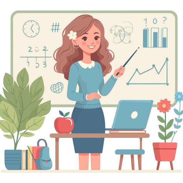 Vector a picture of a girl with a pointer pointing at a whiteboard with a graph on it