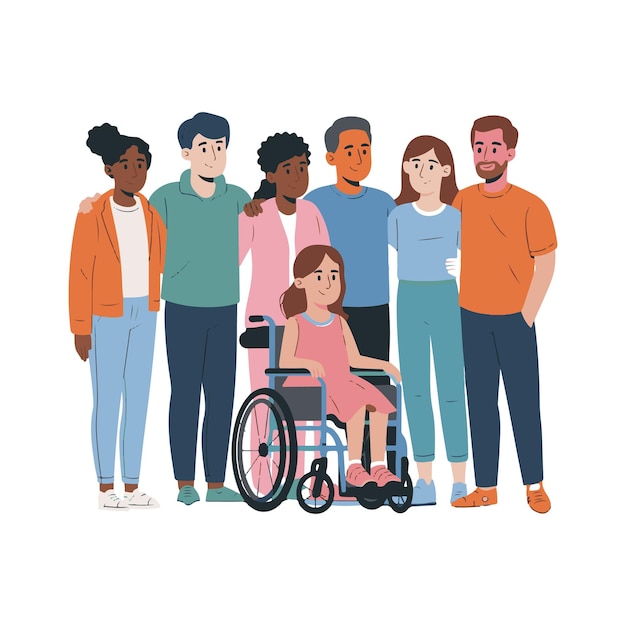 a picture of a group of people with a girl in a wheelchair