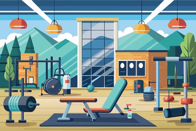 Vector a picture of a house with a gym and a bench with a gym in the background