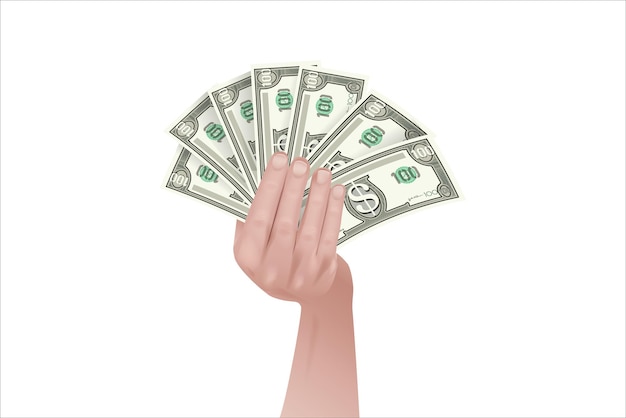 Picture of human hand unfold banknote realistic vector illustration for business art.