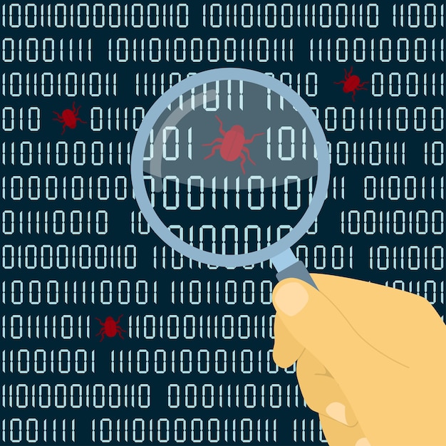 Vettore immagine della mano umana con lente di ingrandimento davanti al codice digitale con bug, concetto di test del software