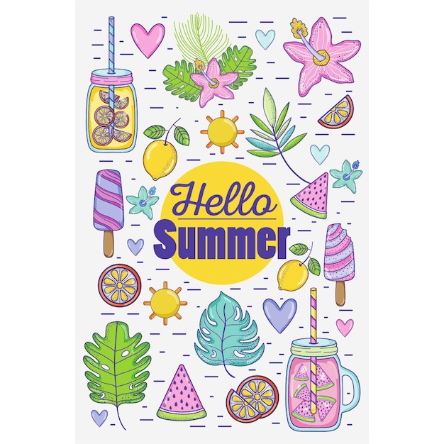 a picture illustration of a hello summer poster with various items