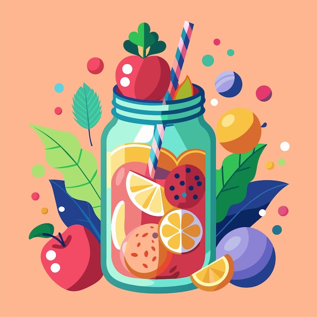 a picture of a jar with fruits and berries on it