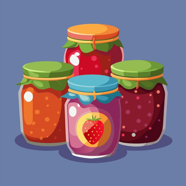 a picture of jars of jam with a strawberry on the top
