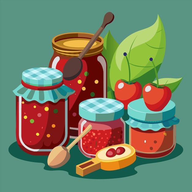 a picture of jars of jams and berries on a green background