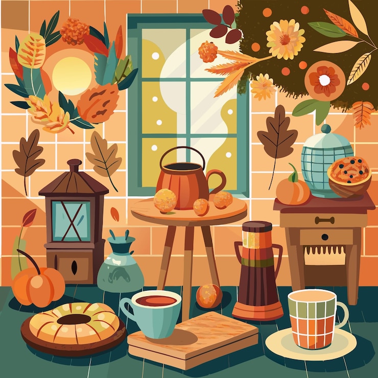 Vector a picture of a kitchen with a brick wall and a pot with a kettle on it