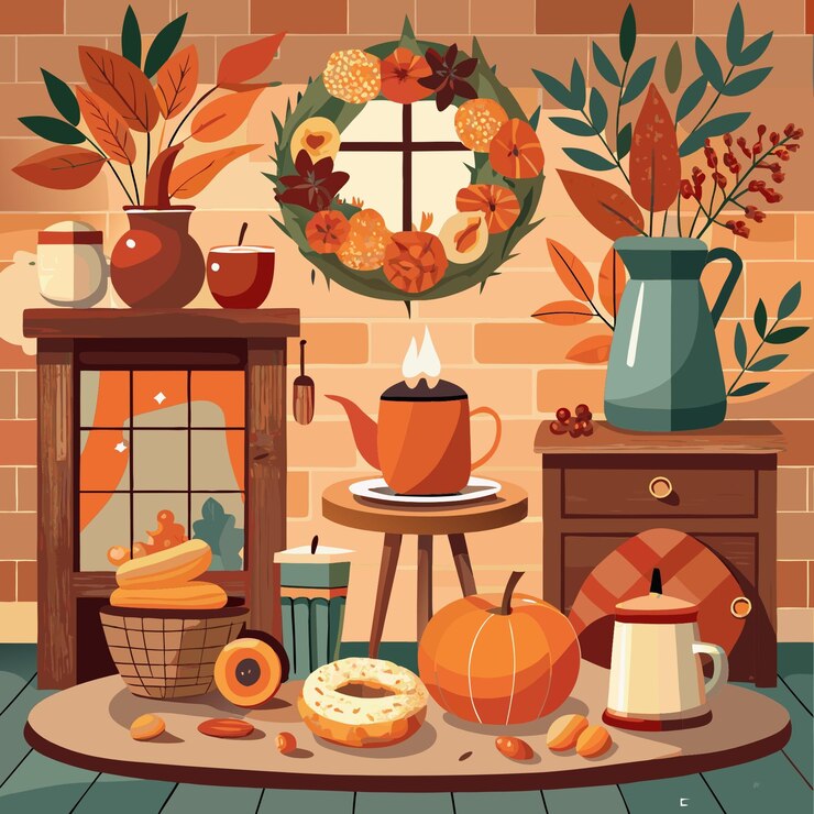 Vector a picture of a kitchen with a wreath on the wall and a coffee table with a wreath on it