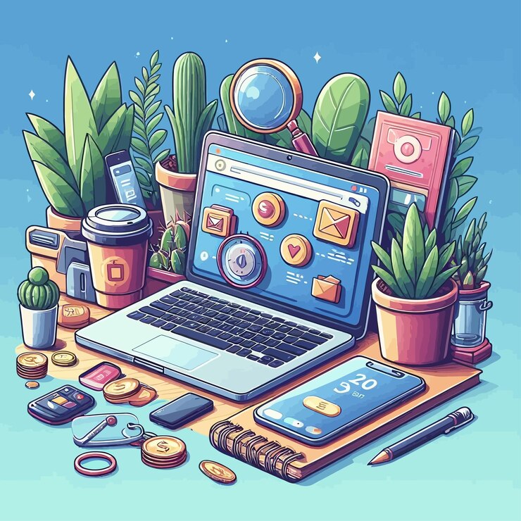 Vector a picture of a laptop with a plant and a plant on it