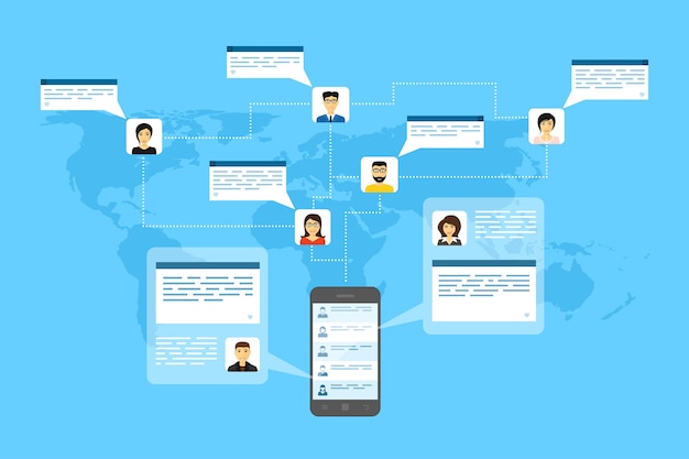 Picture of mobile phone, people avatars and speech bubbles,  style illustration, internet connection, social network concept