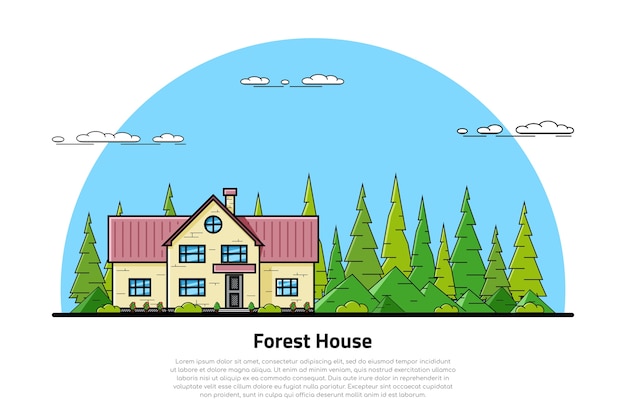 picture of modern private residential house with hills and trees on background, real estate and construction industry concept     