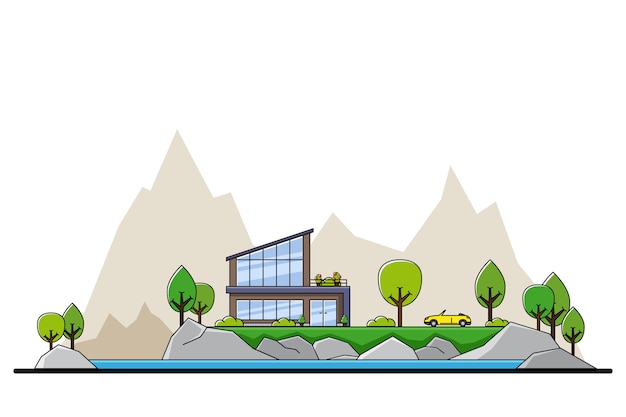Immagine della moderna casa residenziale privata con alberi e grande silhouette sity sullo sfondo, immobiliare e concetto di industria edile,