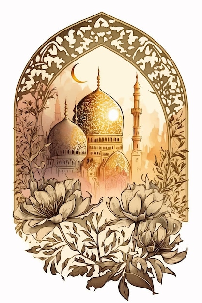 A picture of a mosque with a moon and flowers.