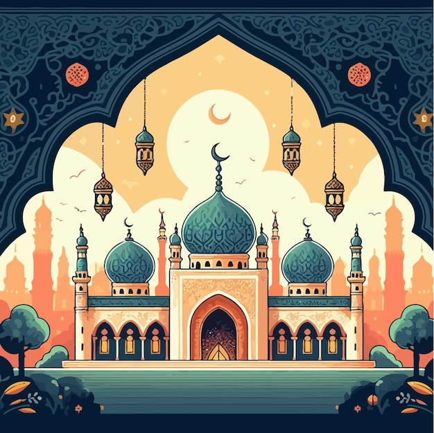 A picture of a mosque with a moon and the moon in the background