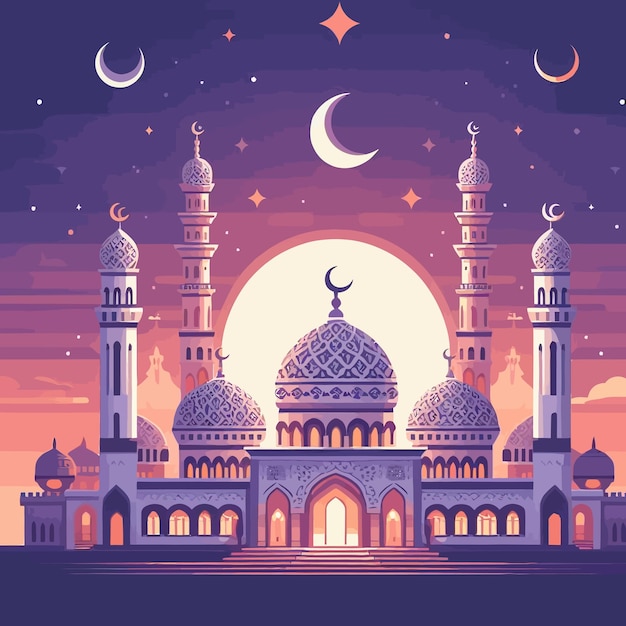 a picture of a mosque with a moon and stars in the background