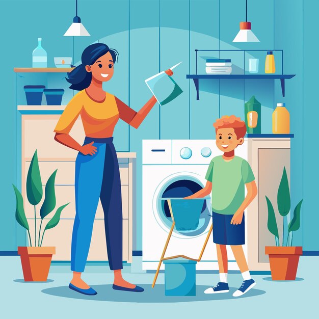 Vector a picture of a mother and her son doing laundry