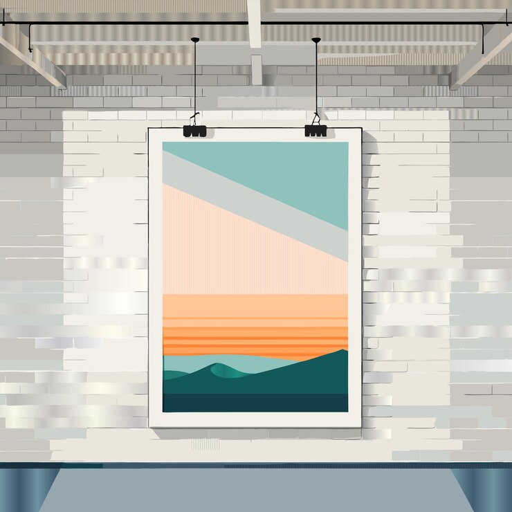 Vector 산의 그림이 벽돌 벽에 매달려 있습니다.