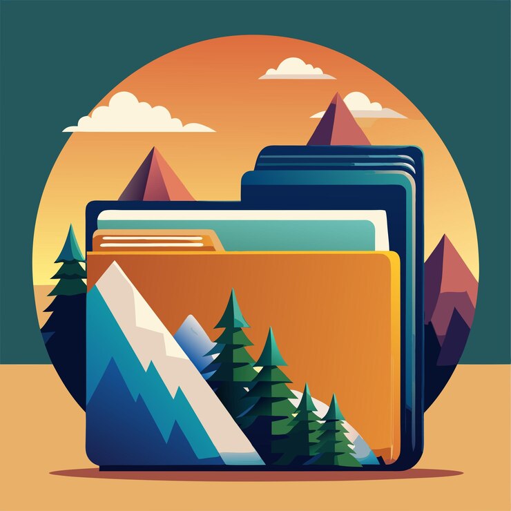 Vector a picture of a mountain range with several books in the middle