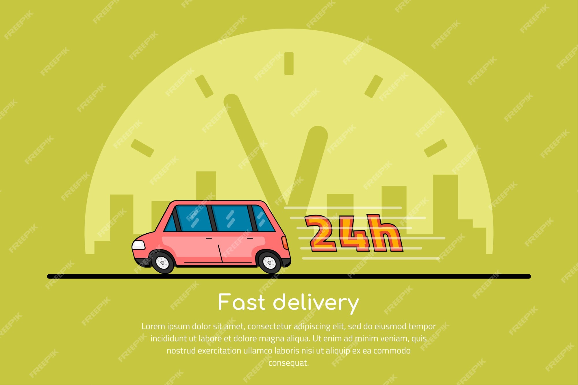Premium Vector | Picture of a moving car with clock icon and big city sillhouette on background, delivery service concept, Premium Vector | Picture of a moving car with clock icon and big city sillhouette on background, delivery service concept,