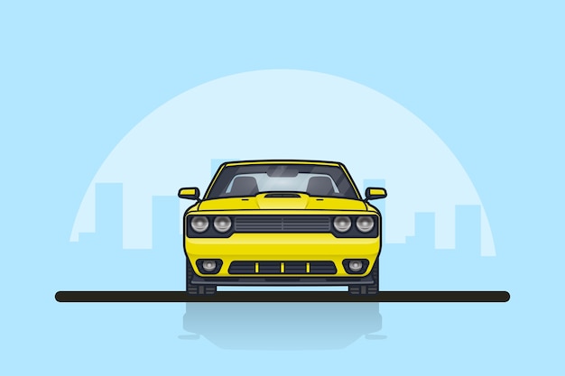 Vector picture of a muscle car with big city sillhouette on background. front side view.