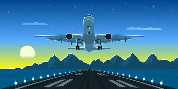 Изображение приземления или взлета самолета с горами и силуэтом большого города на фоне, стиль иллюстрации