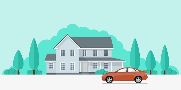 Вектор Изображение частного дома и автомобиля перед ним, концепция стилевого баннера