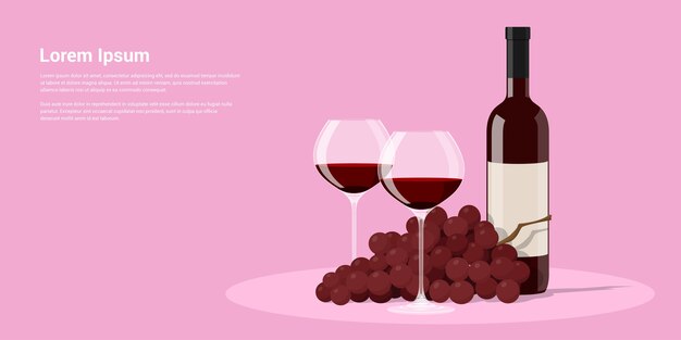 벡터 와인 병, 두 개의 와인 잔과 포도, 스타일 일러스트의 그림