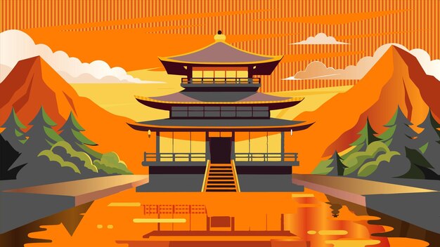 a picture of a pagoda with a red background