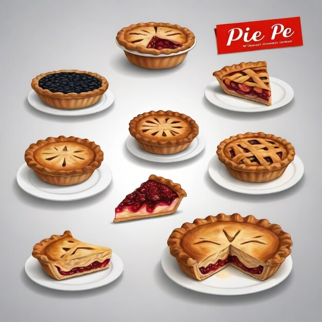 Vector a picture of pies with a red sign that says pie on it