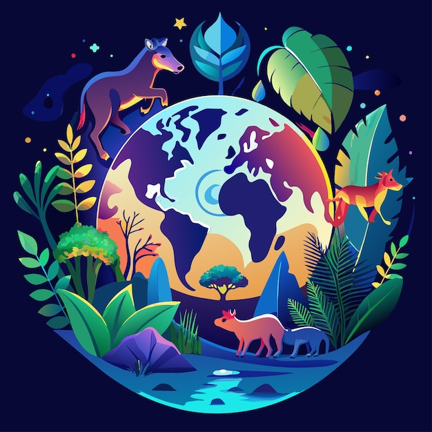 a picture of a planet with animals and trees and plants