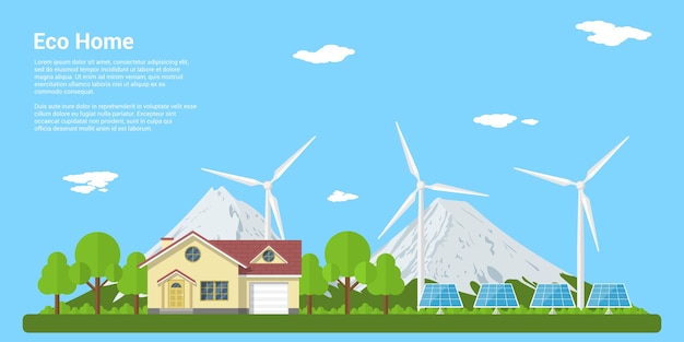 Picture of a privat house, solar panels and wind turbines with mountains on background,  style concept of eco home, renewable energy, ecology