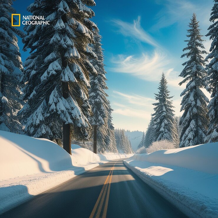 Vector a picture of a road with snow covered trees and a blue sky with a snow covered road