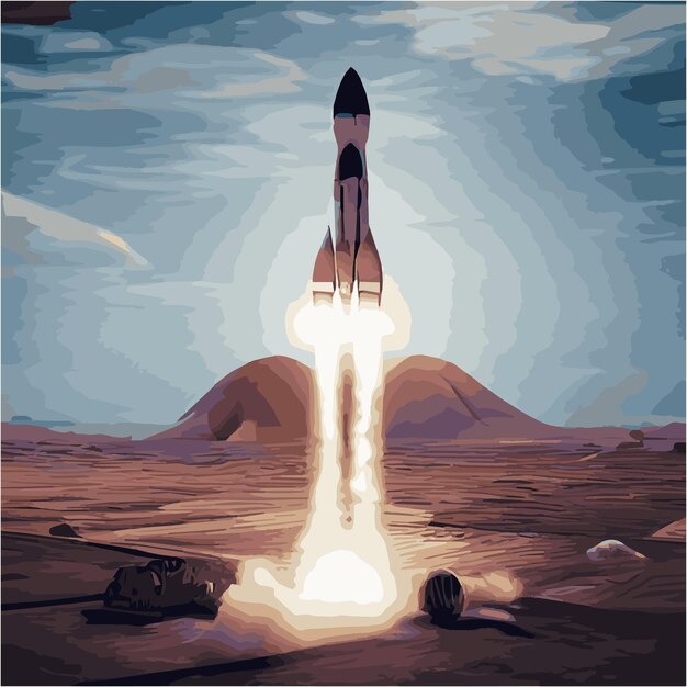 A picture of a rocket being launched on a desert.