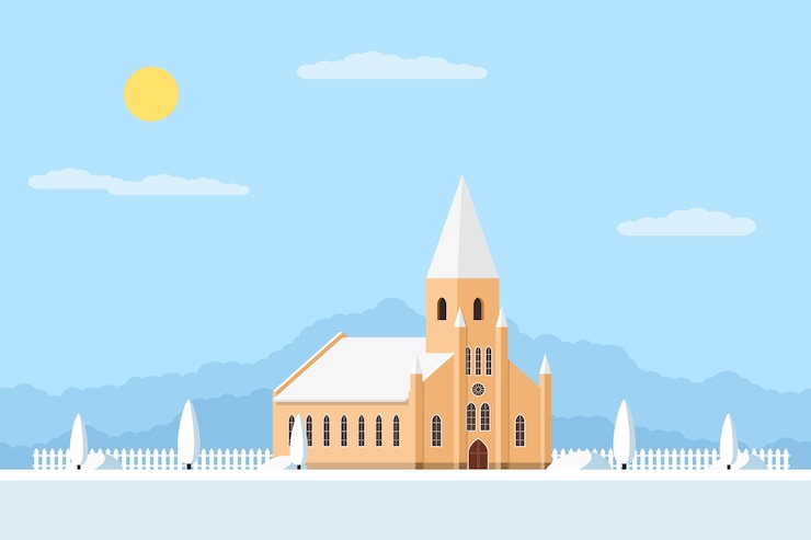 Vector 울타리와 나무, 여름 풍경이있는 로마 가톨릭 교회의 그림,