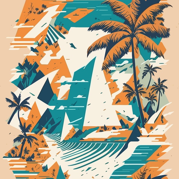 A picture of a sailboat on a beach with palm trees tshirt design