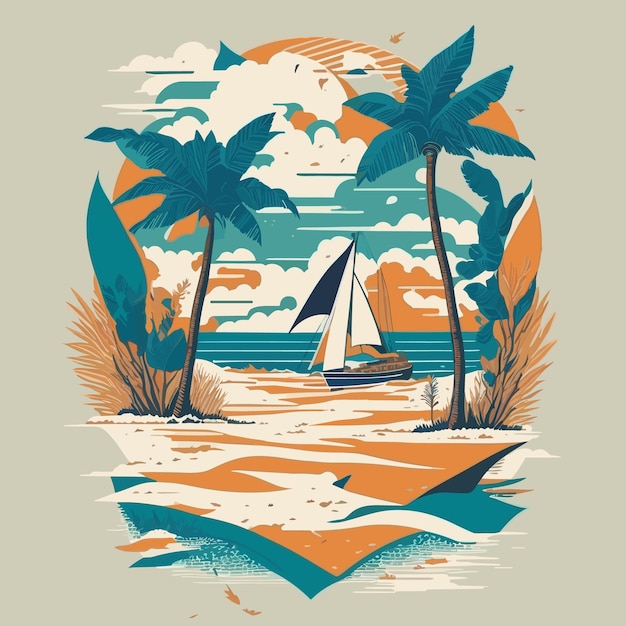 A picture of a sailboat on a beach with palm trees tshirt design