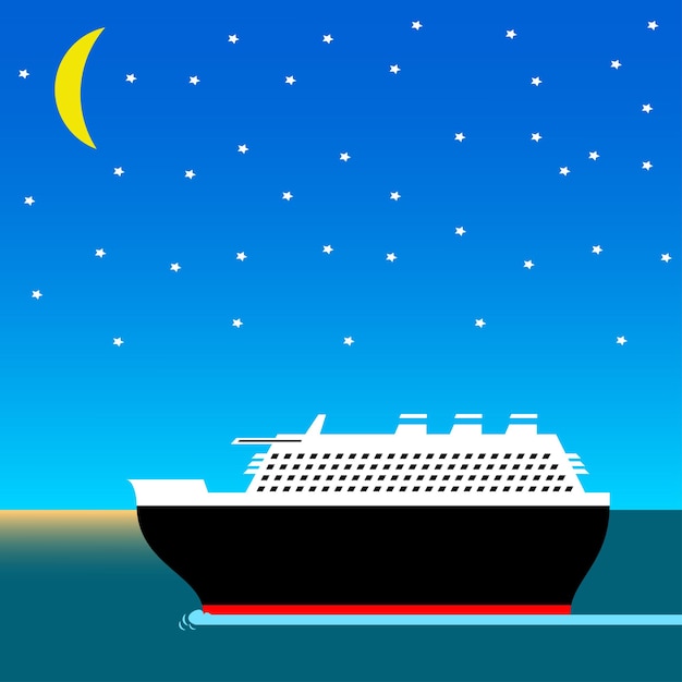 Vettore un'immagine di una nave nell'oceano con una luna e stelle.