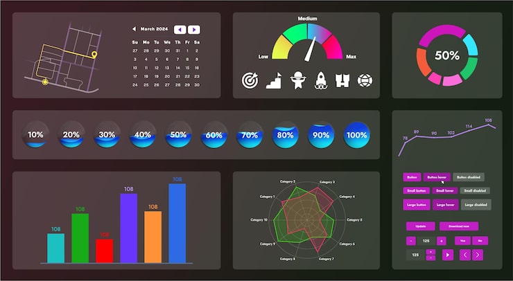Vector the picture shows the interface of a web application or site consisting of navigation elements buttons and various components design includes menu search form icons and vector graphics