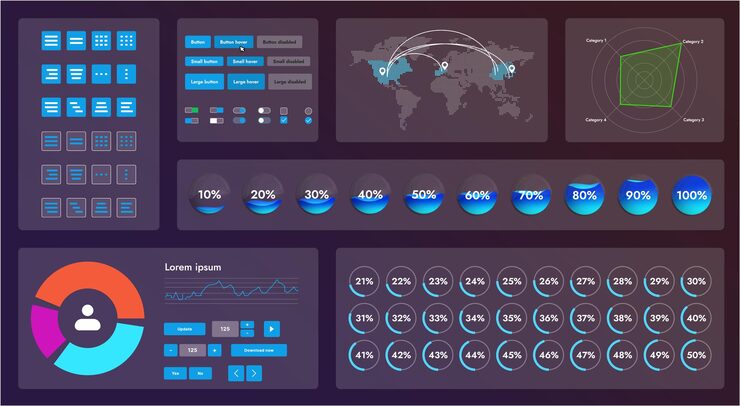 Вектор на рисунке показан интерфейс веб-приложения или сайта, состоящий из навигационных элементов, кнопок и различных компонентов.
