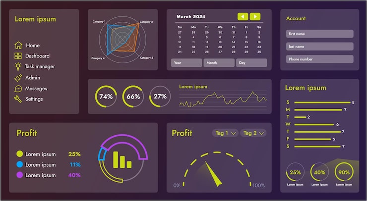 Vector 이 그림은 내비게이션 요소 버튼과 다양한 구성 요소로 구성된 웹 응용 프로그램 또는 사이트의 인터페이스를 보여줍니다. 디자인에는 메뉴 검색 양식 아이콘과 터 그래픽이 포함됩니다.