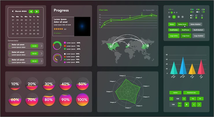 Vector 图片显示一个网页应用程序或网站的界面,由导航元素按和各种组件组成.设计包括菜单搜索表格图标和向量图形