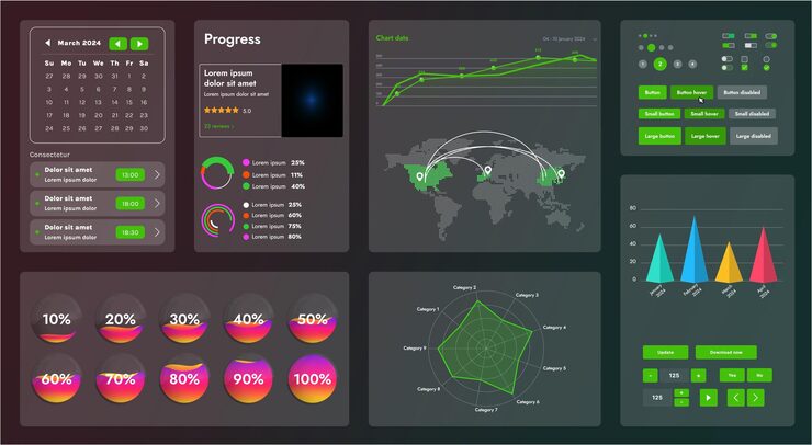 Vector the picture shows the interface of a web application or site consisting of navigation elements buttons and various components design includes menu search form icons and vector graphics