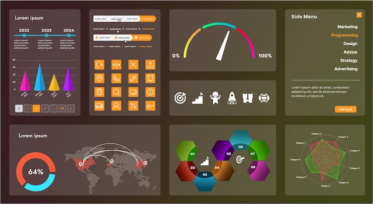 Vector 图片显示一个网页应用程序或网站的界面,由导航元素按和各种组件组成.设计包括菜单搜索表格图标和向量图形