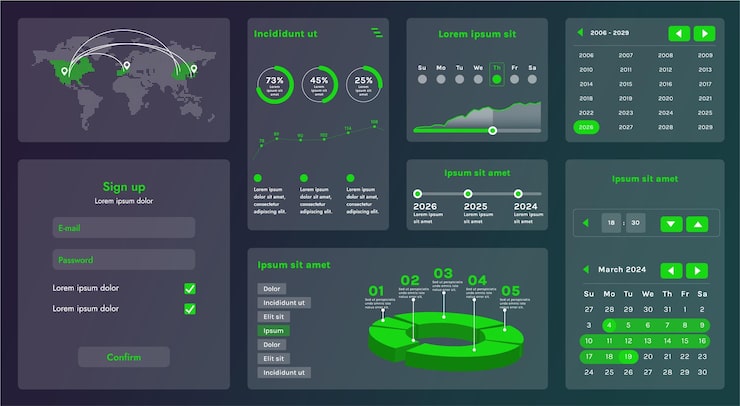 Вектор на рисунке показан интерфейс веб-приложения или сайта, состоящий из навигационных элементов, кнопок и различных компонентов.