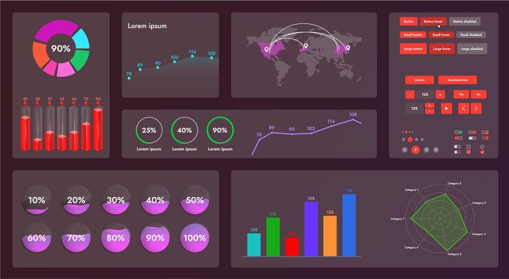 Vector 이 그림은 내비게이션 요소 버튼과 다양한 구성 요소로 구성된 웹 응용 프로그램 또는 사이트의 인터페이스를 보여줍니다. 디자인에는 메뉴 검색 양식 아이콘과 터 그래픽이 포함됩니다.