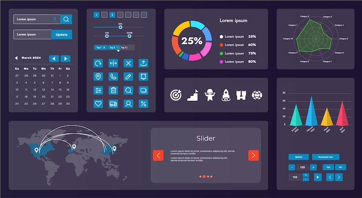 Vector 图片显示一个网页应用程序或网站的界面,由导航元素按和各种组件组成.设计包括菜单搜索表格图标和向量图形