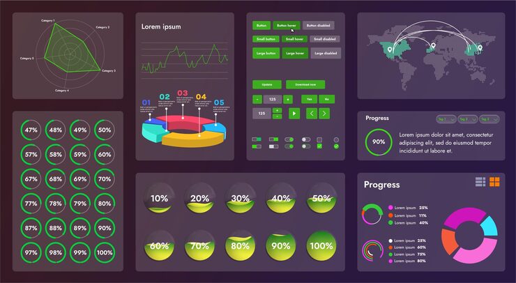 Vector 图片显示一个网页应用程序或网站的界面,由导航元素按和各种组件组成.设计包括菜单搜索表格图标和向量图形