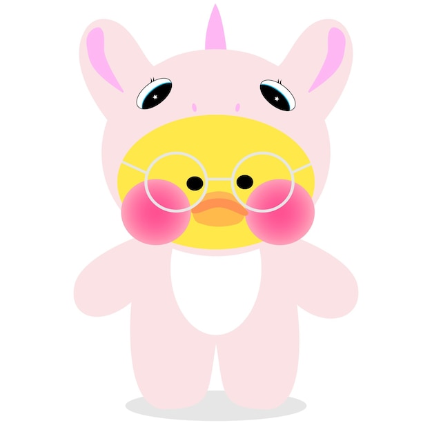 The picture shows the popular soft toy yellow lalafanfan duck wearing a pink kigurumi unicorn and round glasses on a white background