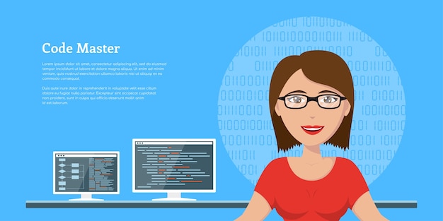 Vector picture of a sm programmer woman, with computer monitors on background,   banner design, coding, programming, application development concept