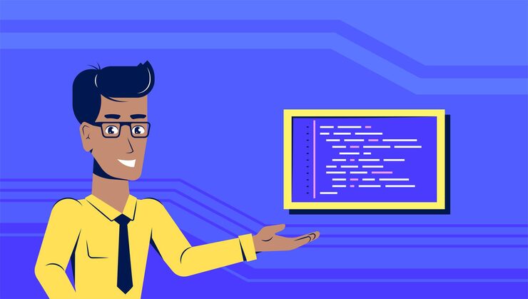 Vector picture of a smart programmer man with a code sample. flat style banner design. coding, programming, application development concept