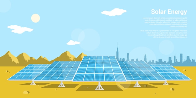 Foto di batterie solari in un deserto con montagne e silhouette di grande città sullo sfondo, concetto di stile di energia solare rinnovabile